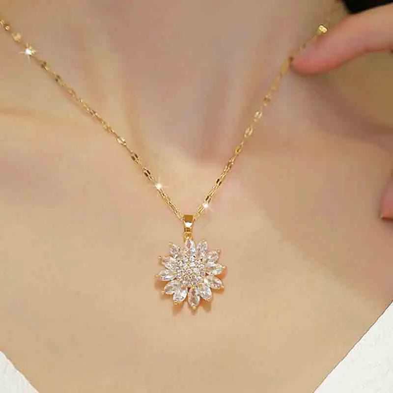 Sunflower Shape CZ Pendant Necklace For Women Gold Necklace
