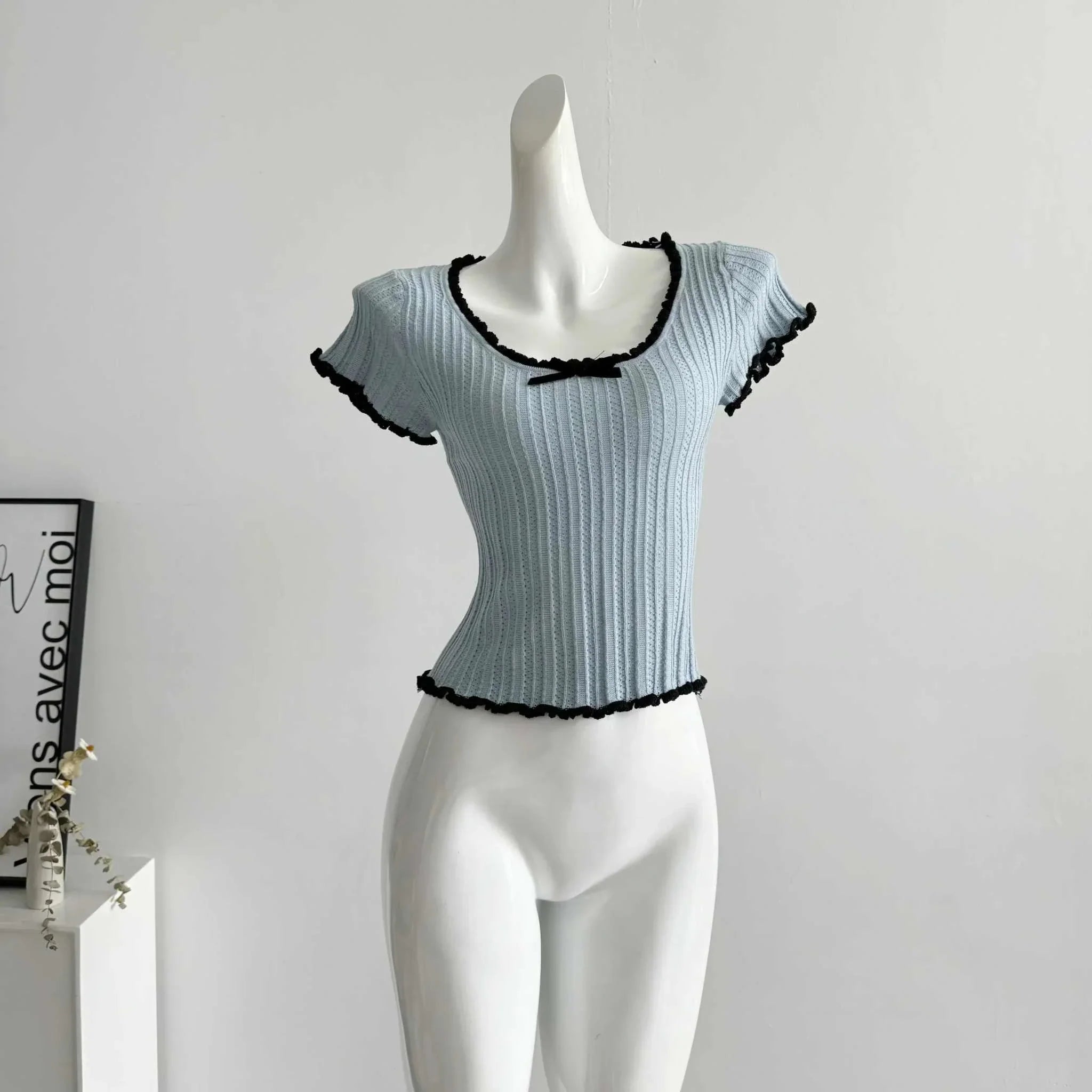 Women's Short Sleeve Ribbed Knit Top with Bow Fictitni women top