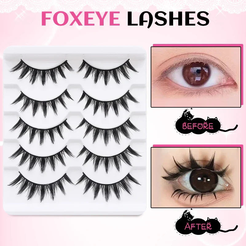 DINGSEN 5 Pairs Manga Lashes Cosplay Fake Eyelashes Strip Lash Soft Natural Look Fox Eye Korean Manhua Makeup False Eyelashes