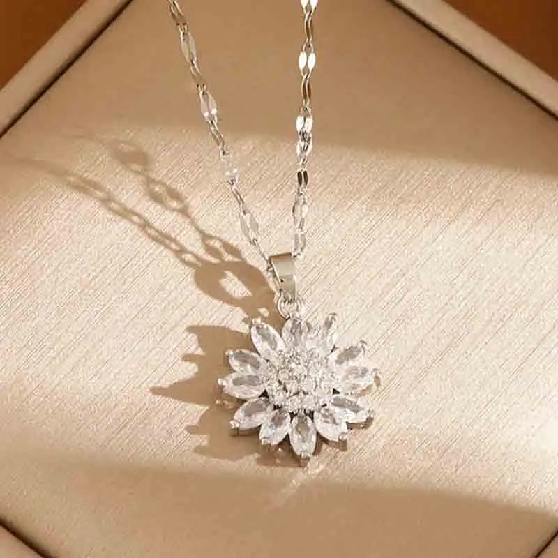 Sunflower Shape CZ Pendant Necklace For Women Gold Necklace