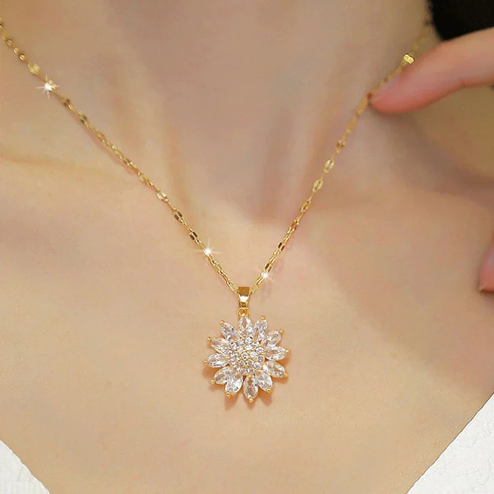 Sunflower Shape CZ Pendant Necklace For Women Gold Necklace