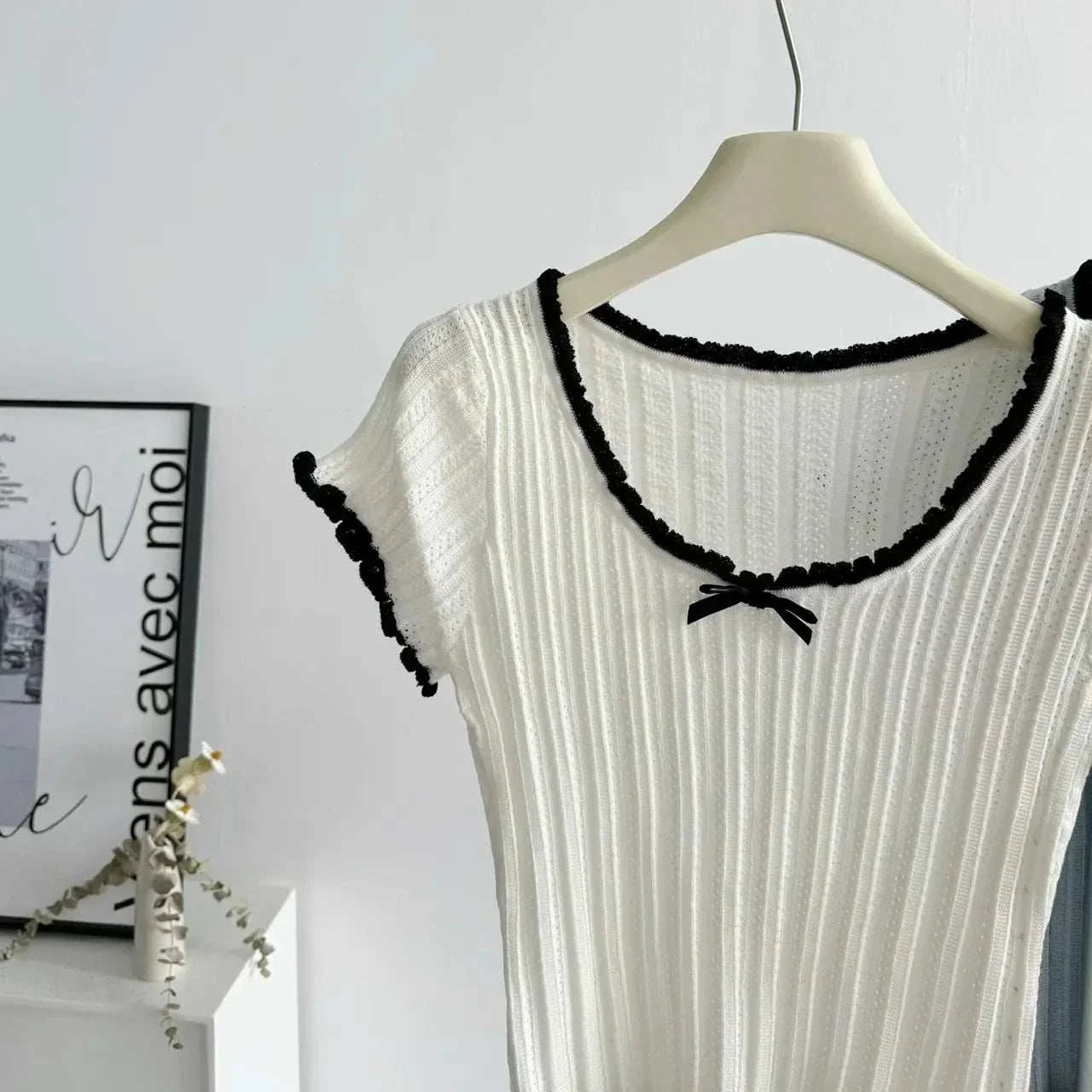 Women's Short Sleeve Ribbed Knit Top with Bow Fictitni women top