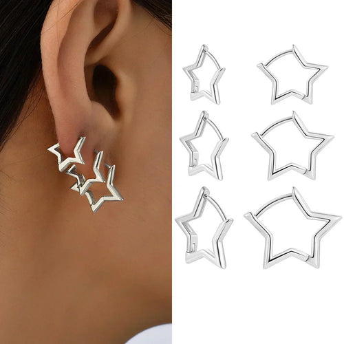 3 Pairsset Punk Geometric Star Hoop Earrings for Women