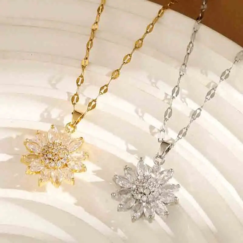 Sunflower Shape CZ Pendant Necklace For Women Gold Necklace