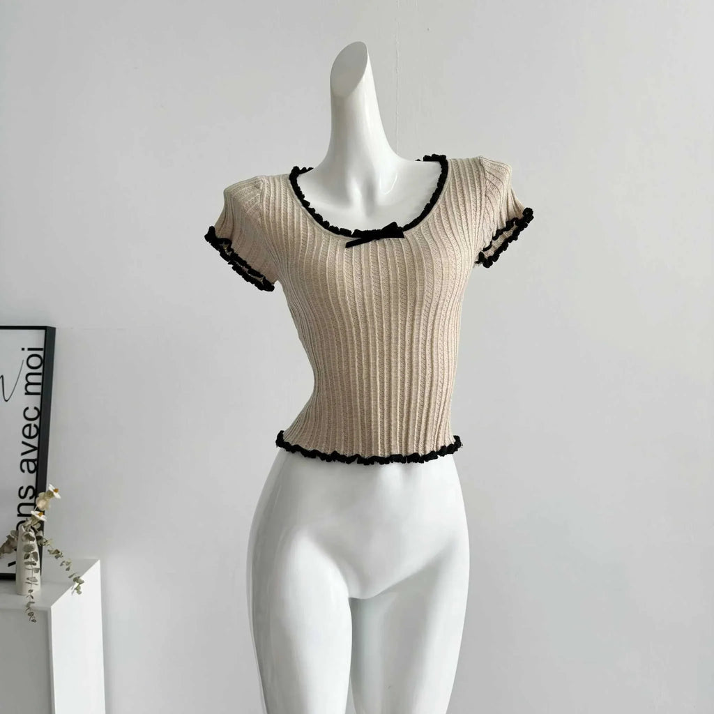 Women's Short Sleeve Ribbed Knit Top with Bow Fictitni women top