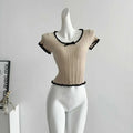 Women's Short Sleeve Ribbed Knit Top with Bow Fictitni women top