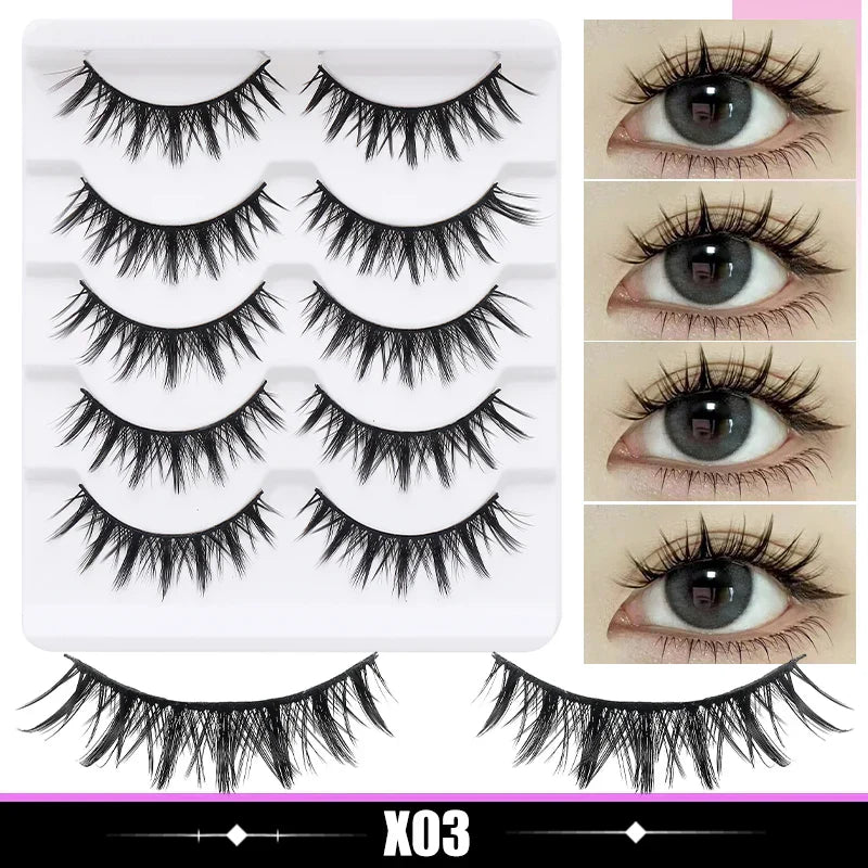 DINGSEN 5 Pairs Manga Lashes Cosplay Fake Eyelashes Strip Lash Soft Natural Look Fox Eye Korean Manhua Makeup False Eyelashes