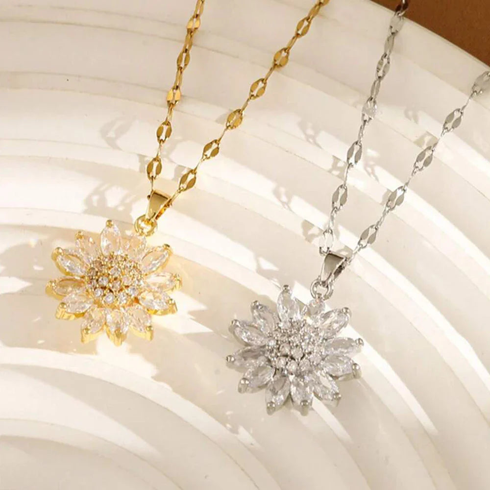 Sunflower Shape CZ Pendant Necklace For Women Gold Necklace