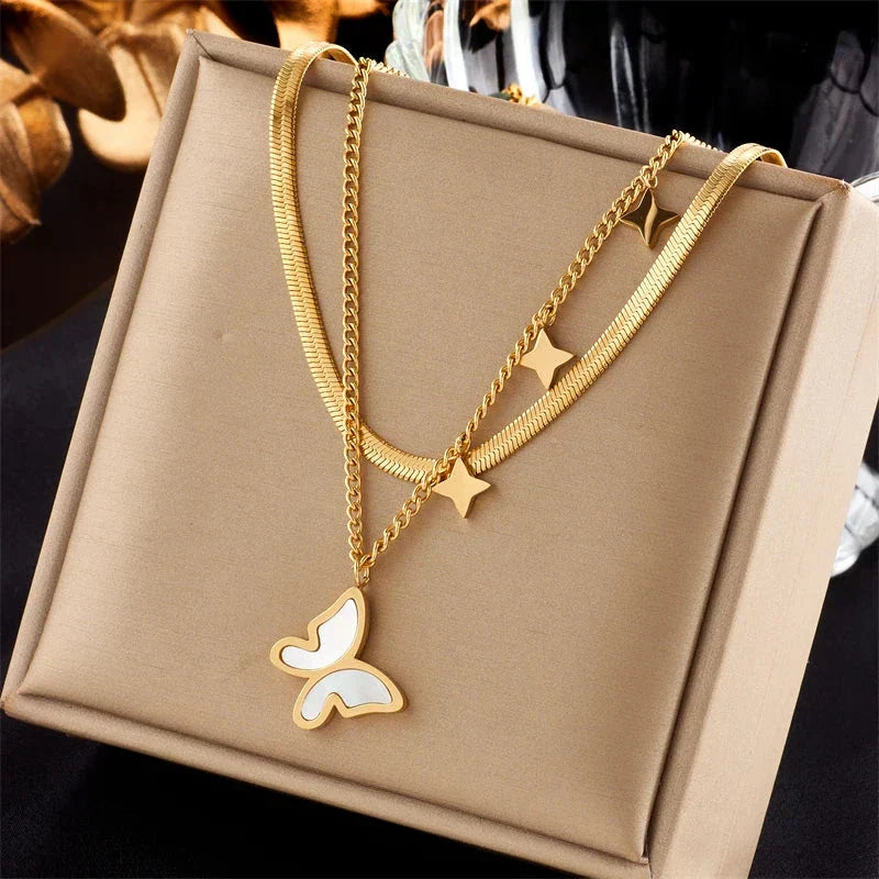 316L Stainless Steel Heart Eye Square Butterfly Pendant Necklace