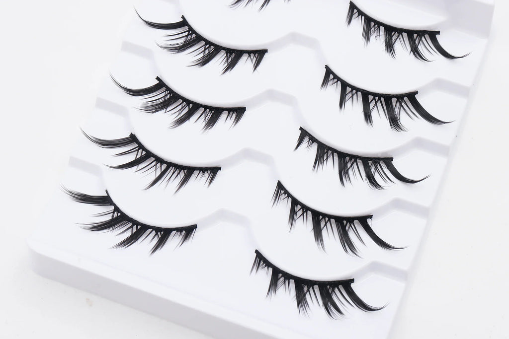 DINGSEN 5 Pairs Manga Lashes Cosplay Fake Eyelashes Strip Lash Soft Natural Look Fox Eye Korean Manhua Makeup False Eyelashes