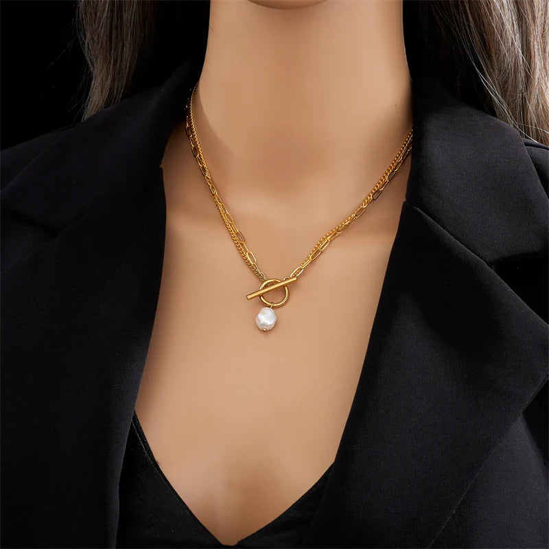 316L Stainless Steel OT Clasp Large Pearl Pendant Necklace For Women