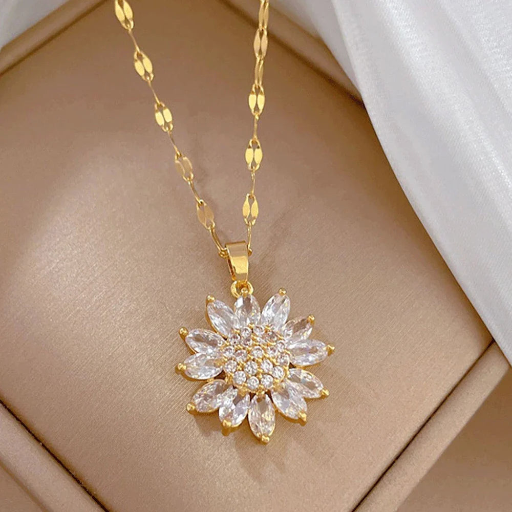Sunflower Shape CZ Pendant Necklace For Women Gold Necklace