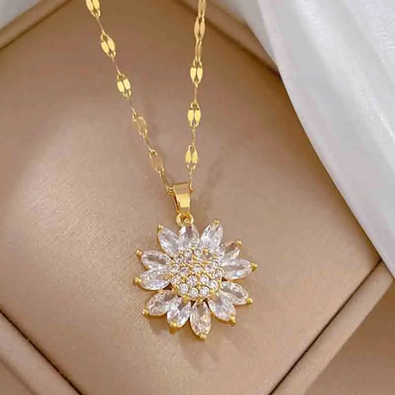 Sunflower Shape CZ Pendant Necklace For Women Gold Necklace