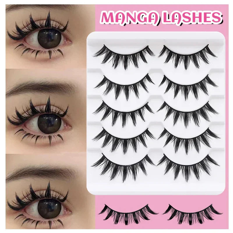 DINGSEN 5 Pairs Manga Lashes Cosplay Fake Eyelashes Strip Lash Soft Natural Look Fox Eye Korean Manhua Makeup False Eyelashes