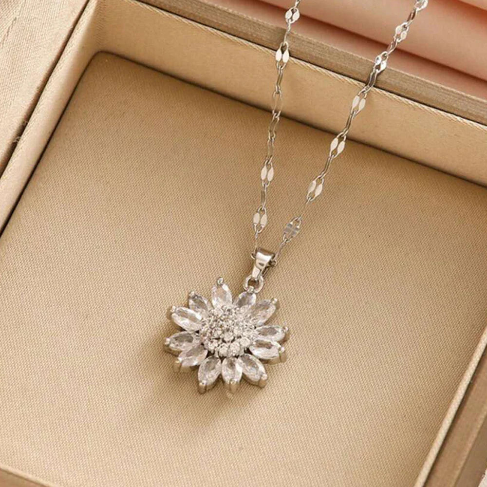 Sunflower Shape CZ Pendant Necklace For Women Gold Necklace