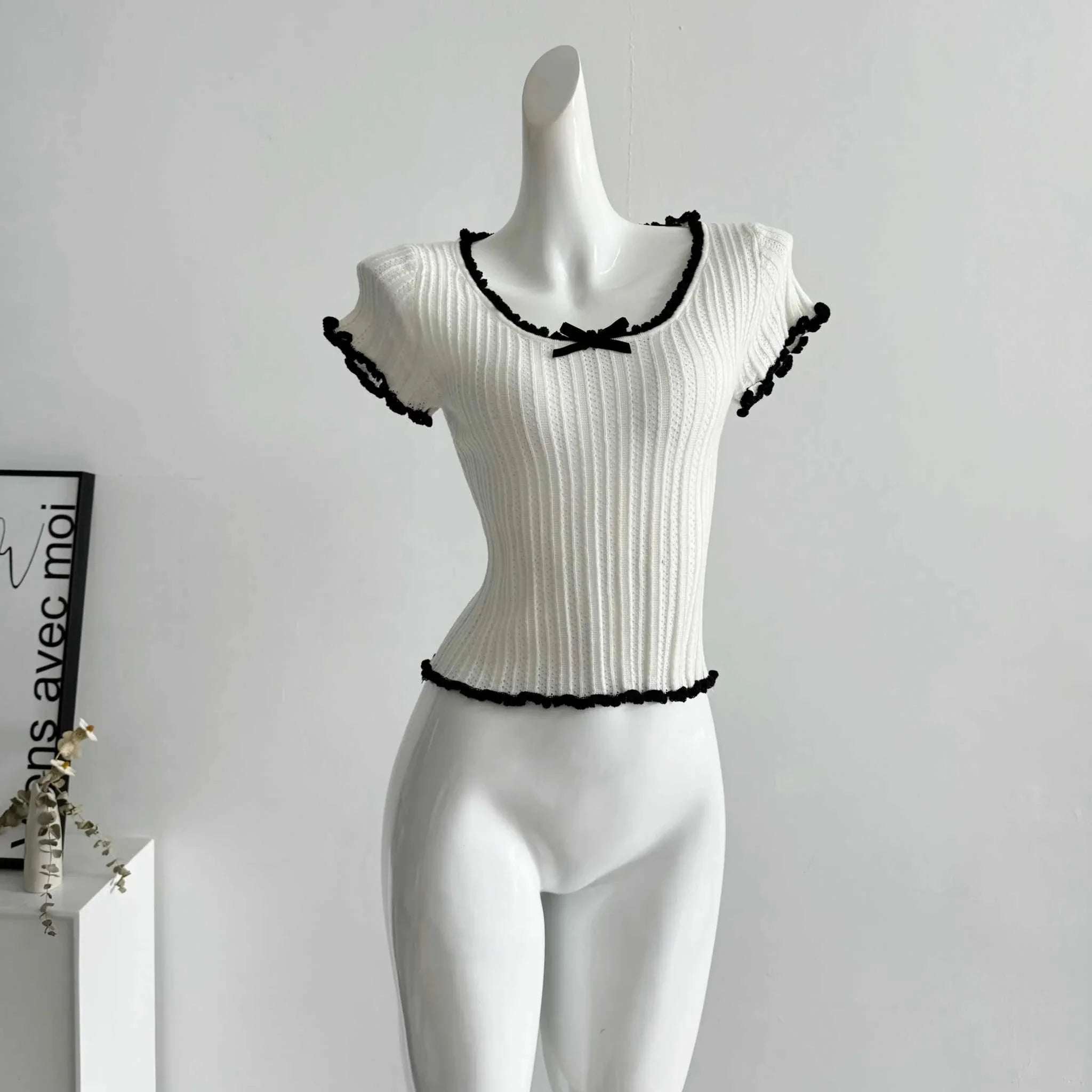 Women's Short Sleeve Ribbed Knit Top with Bow Fictitni women top
