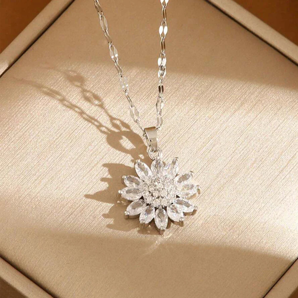 Sunflower Shape CZ Pendant Necklace For Women Gold Necklace
