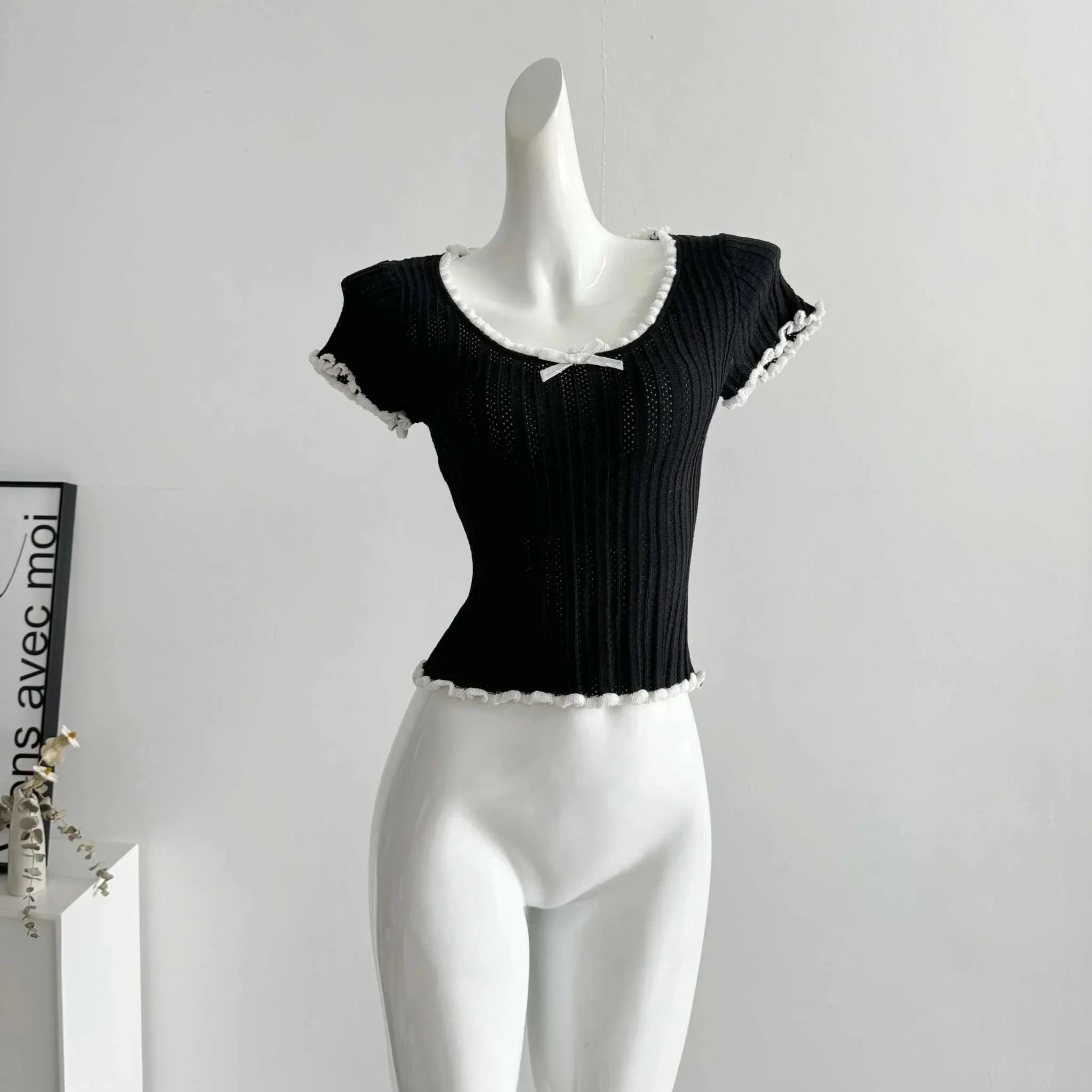 Women's Short Sleeve Ribbed Knit Top with Bow Fictitni women top