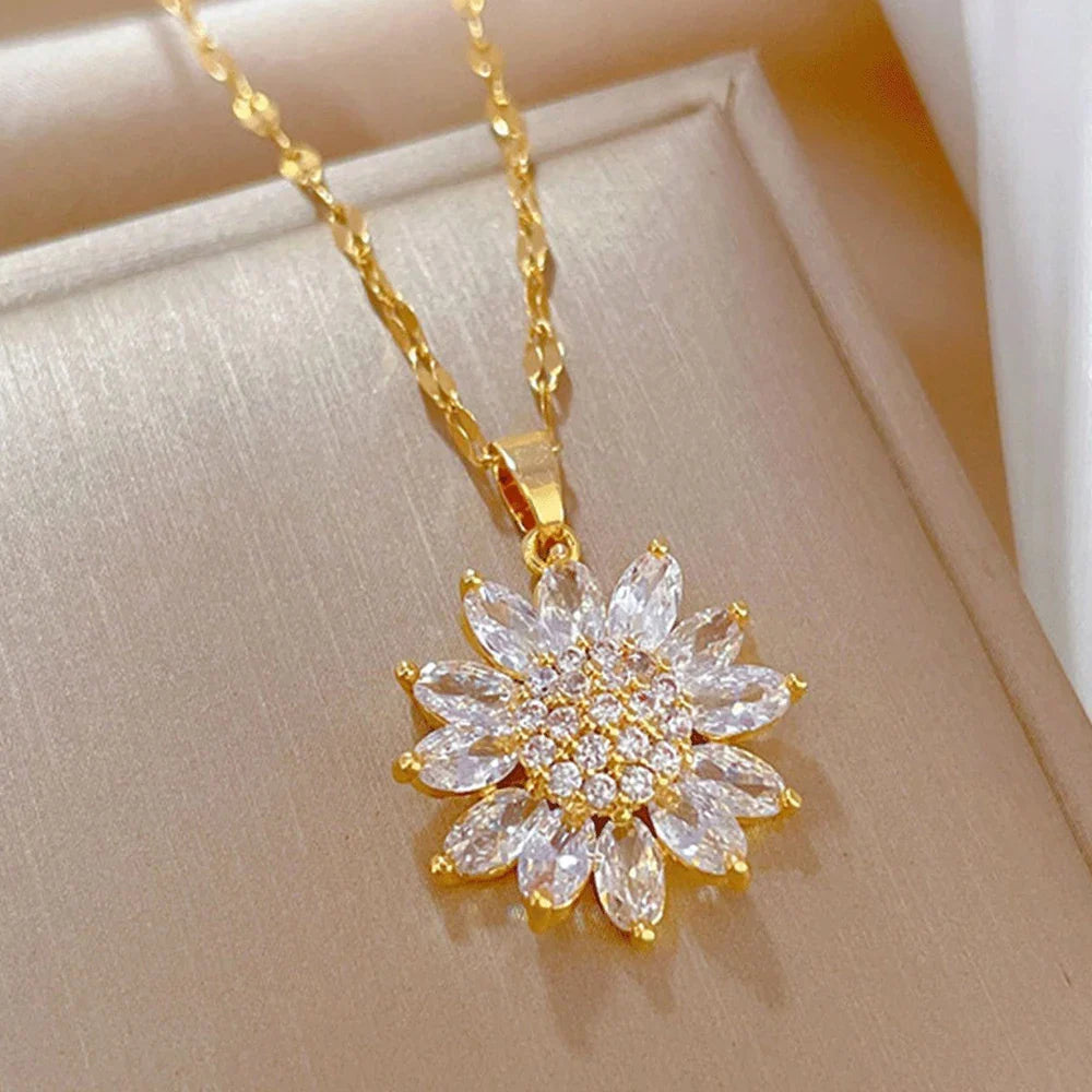 Sunflower Shape CZ Pendant Necklace For Women Gold Necklace
